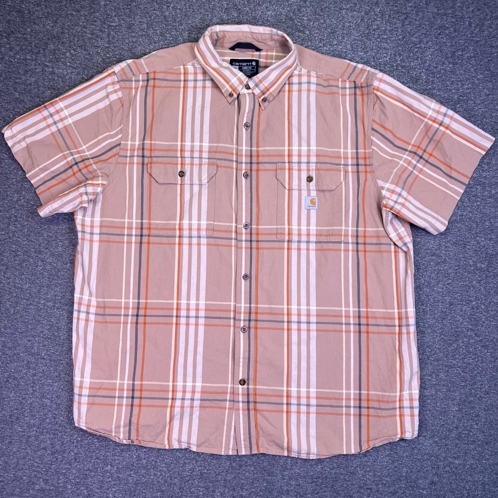Carhartt Shirt Mens 2XL Brown Plaid Loose Fit Summer Short Sleeve Hiking Utility